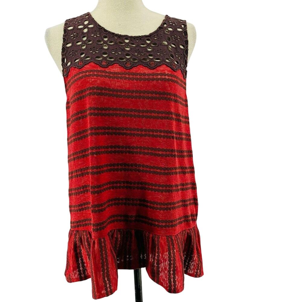 Free People Striped Lace Knit Tunic Brick Red Large